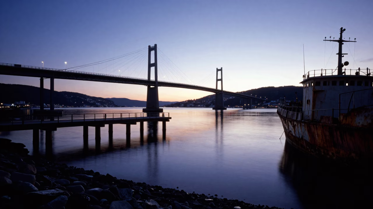 Bergen Bridge Pier at The Predawn Darkness Light in in Bergen, Norway