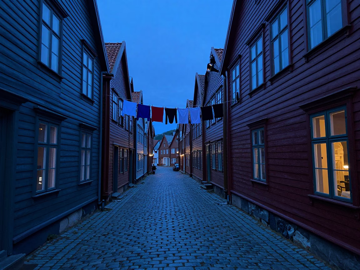 Bergen Cobblestone Alley at The Last Blue Light Of Evening in in Bergen, Norway