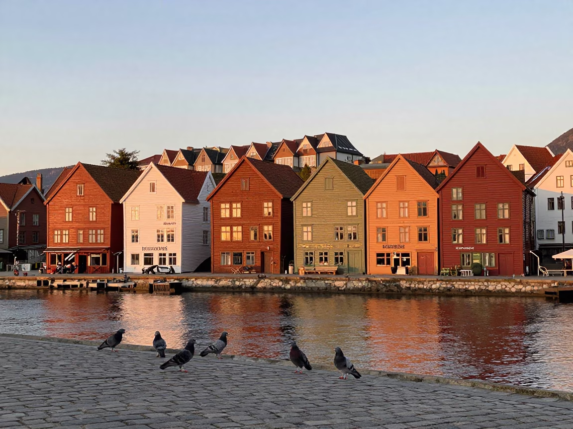 Bergen Colorful Bryggen Wharf Houses at Copper-toned Light Before Dusk in in Bergen, Norway