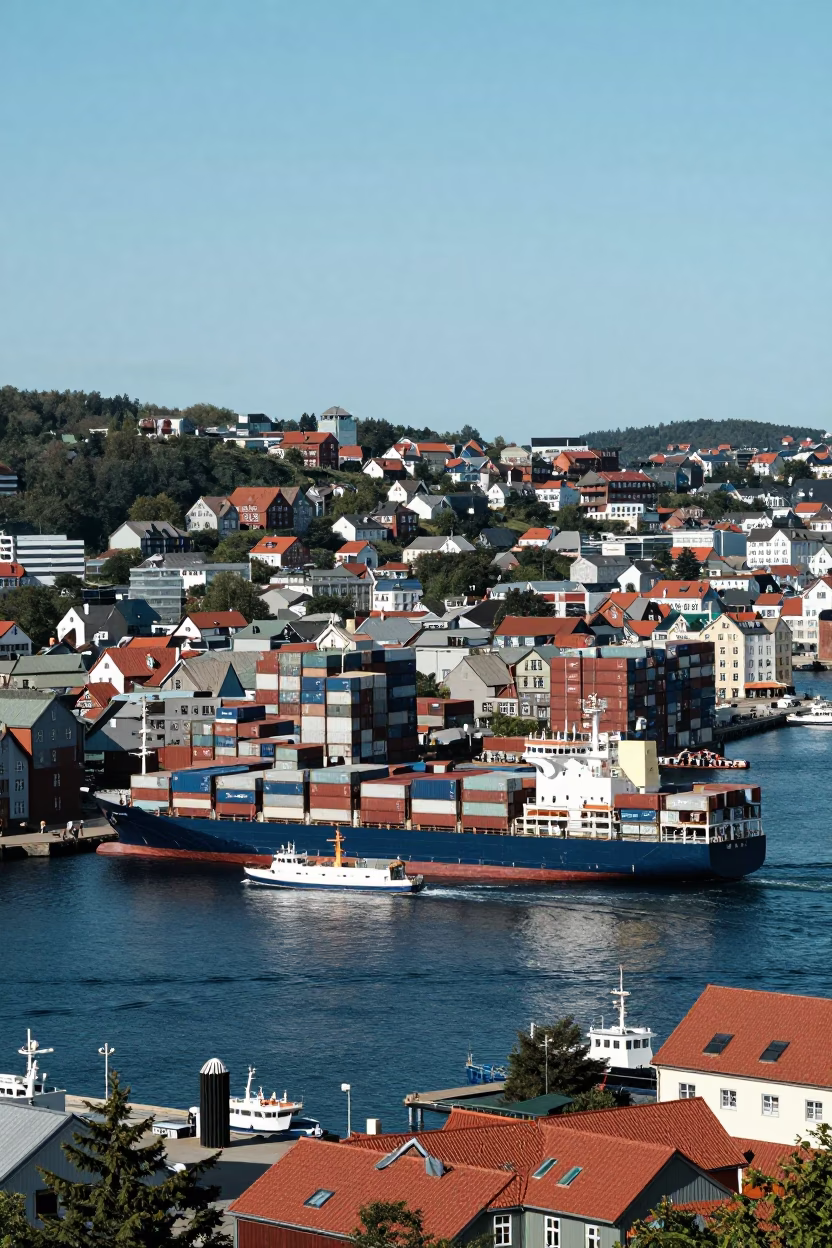 Bergen Container Ship at The Flat Glare Of Noon Light in in Bergen, Norway