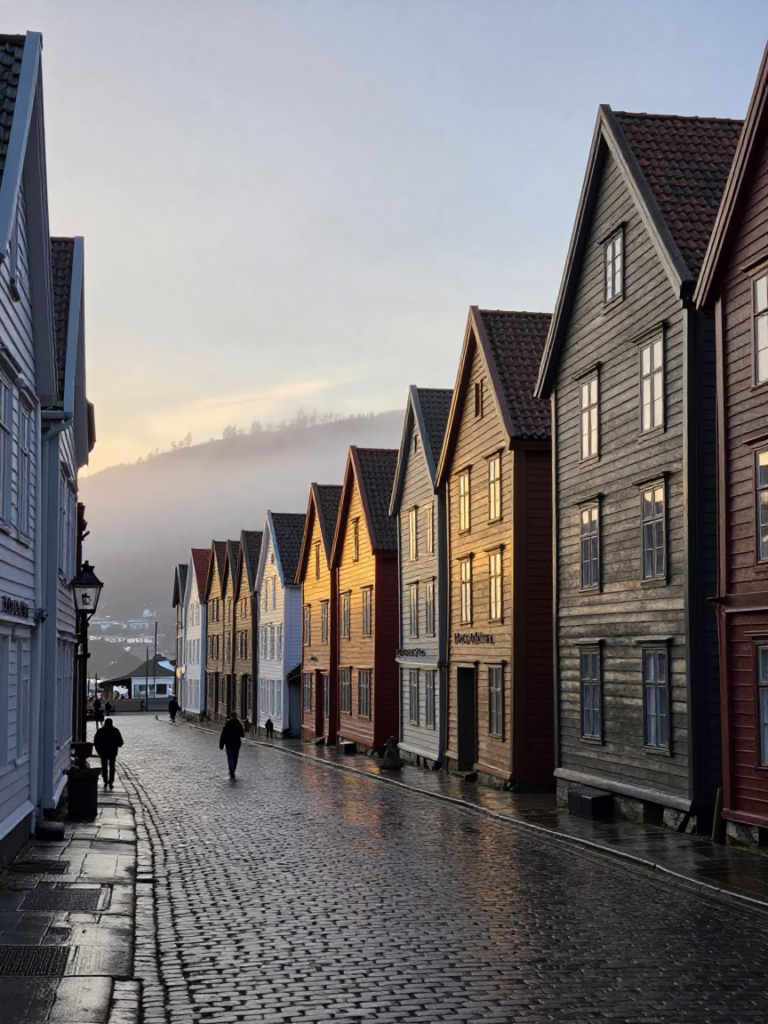 Bergen Dawn Light at First Light Of Dawn in in Bergen, Norway