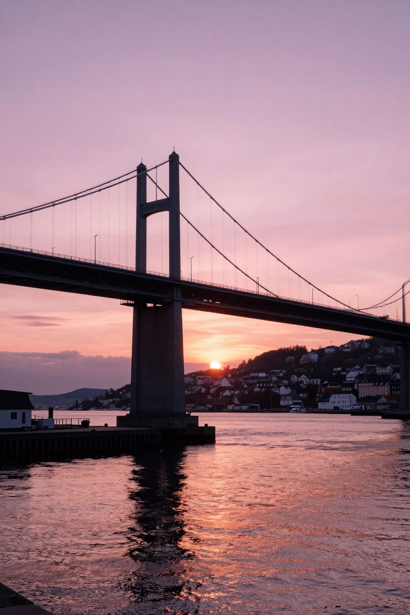 Bergen Harbor Bridge Counterweight And Highway Overpass at Sunset Light in in Bergen, Norway