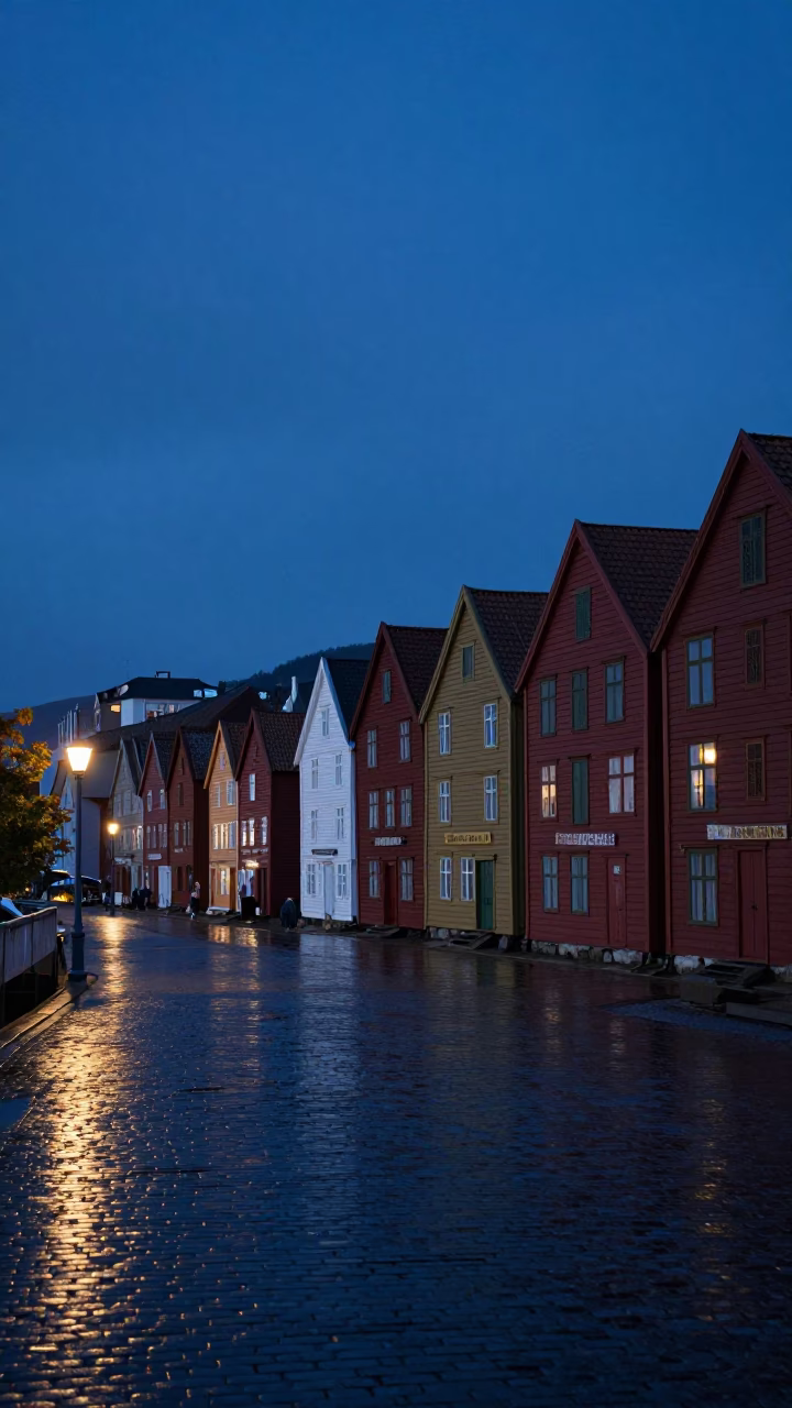 Bergen Harbor District at The Predawn Darkness Light in in Bergen, Norway