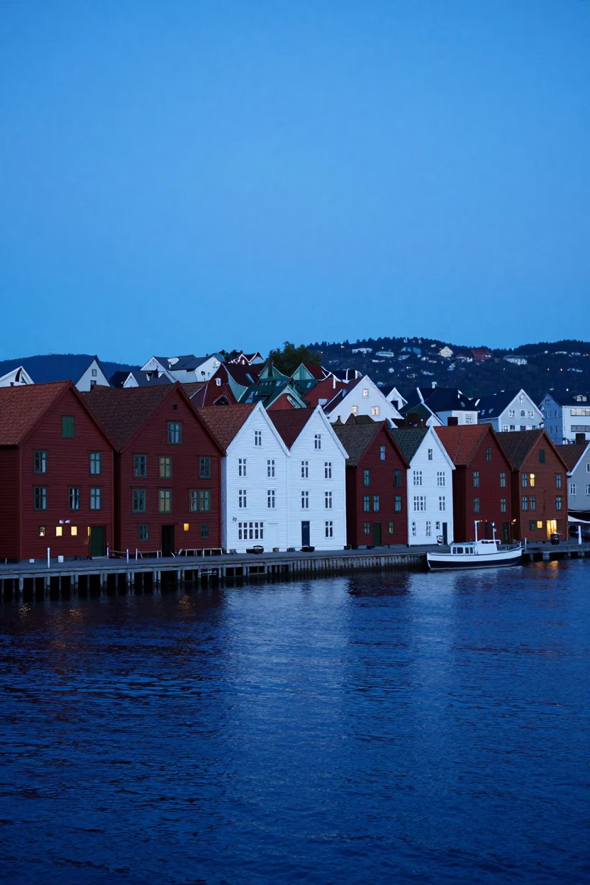 Bergen Harbor Scene at The Last Blue Light Of Evening in in Bergen, Norway
