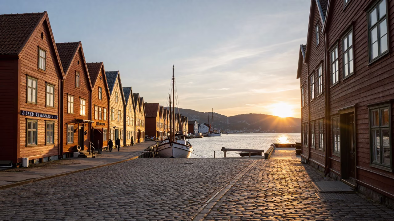 Bergen Historic Bryggen Wharf And Harbor Boats in in Bergen, Norway