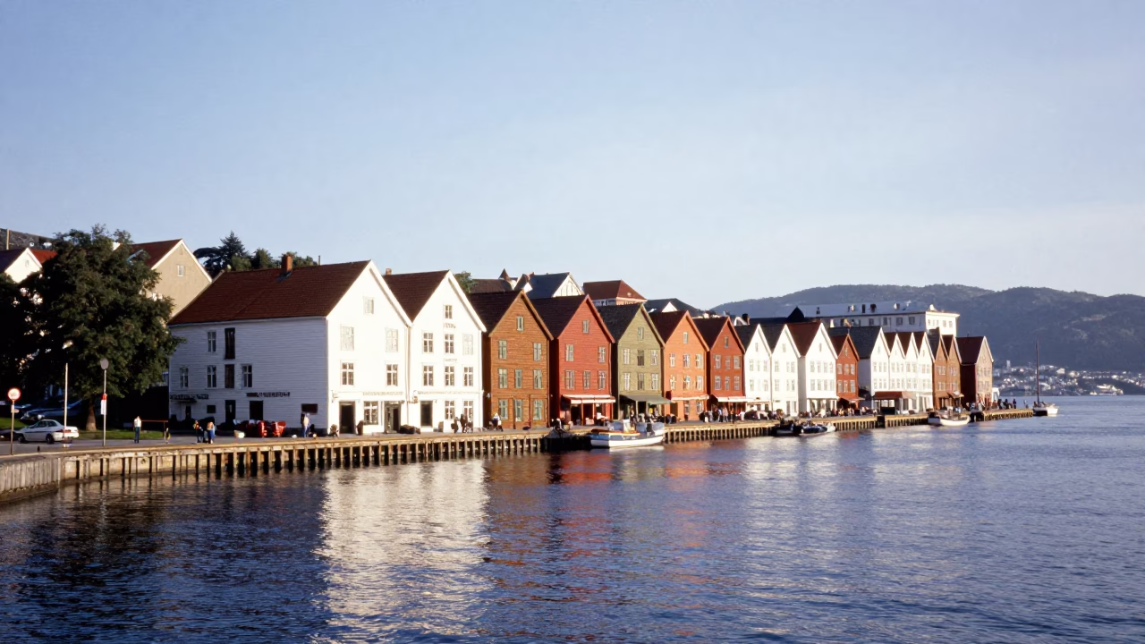 Bergen Historic Bryggen Wharf And Harbor Waters at The Late Morning Light in in Bergen, Norway