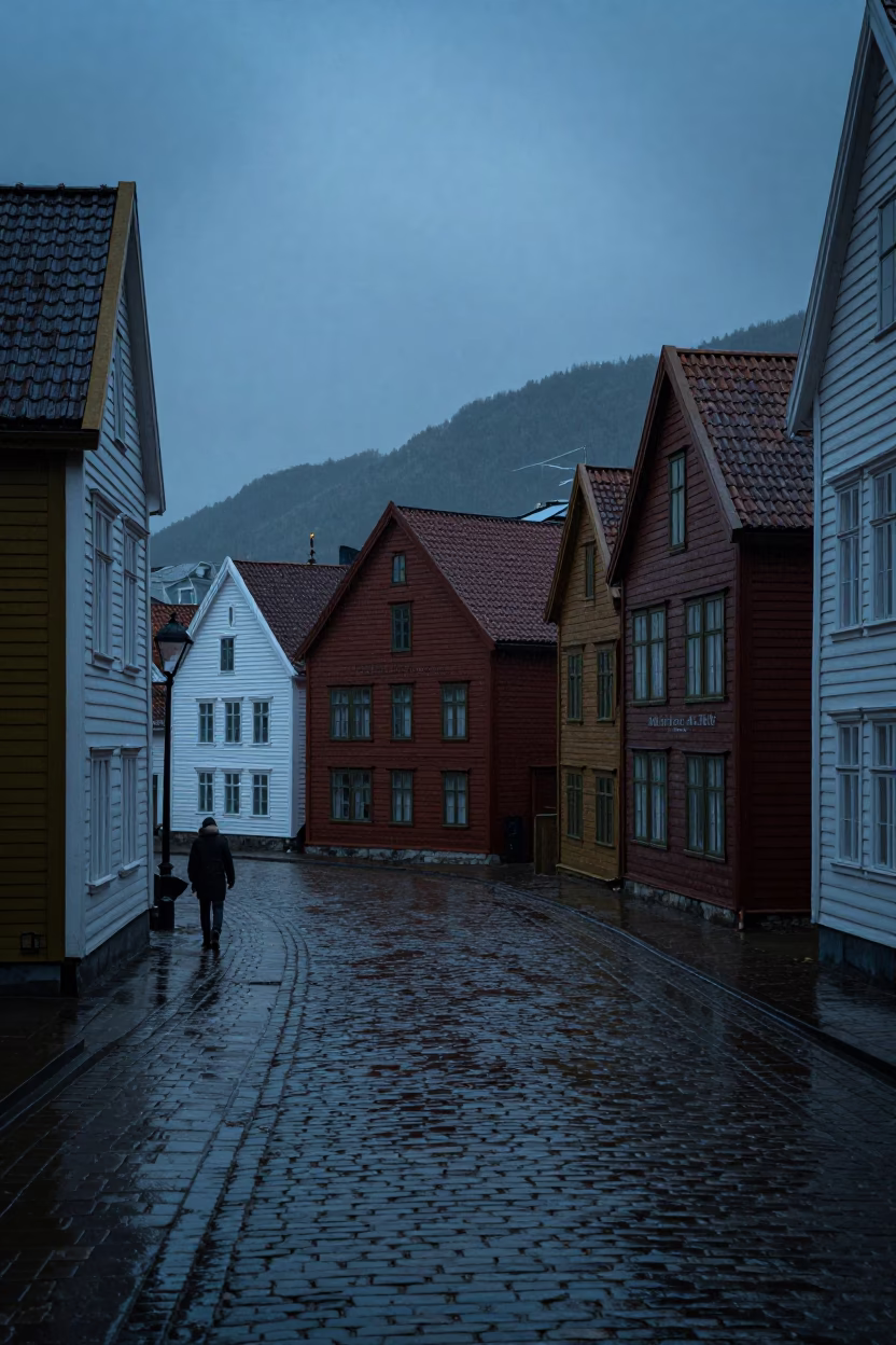 Bergen Midnight Rain at Midnight Light in in Bergen, Norway