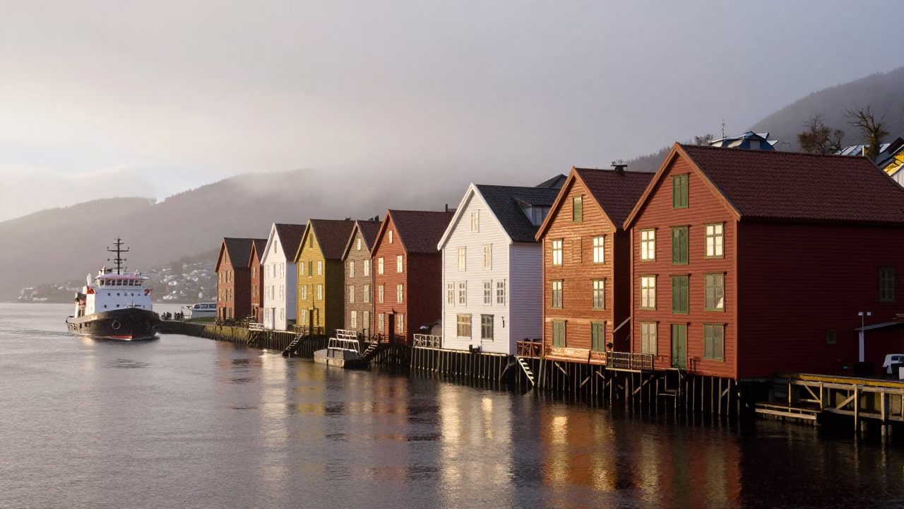 Bergen Morning Rain at The Early Morning Light in in Bergen, Norway