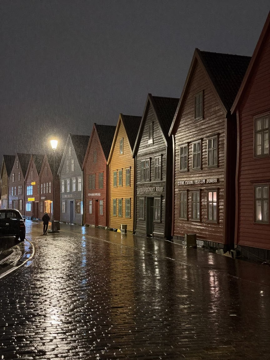 Bergen Night Rain at Late At Night Light in in Bergen, Norway