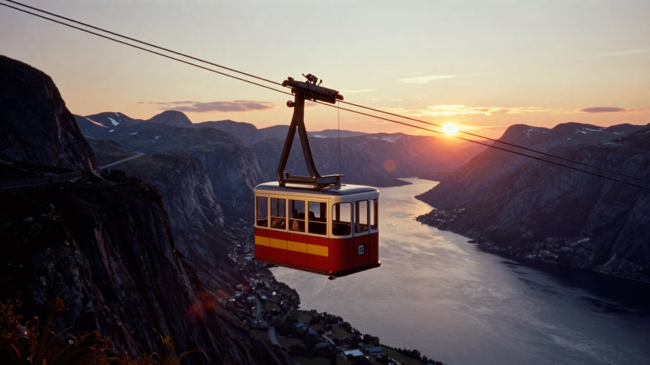 Bergen Norway 1960s Cable Car Crossing Valley at Sunset in in Bergen, Norway