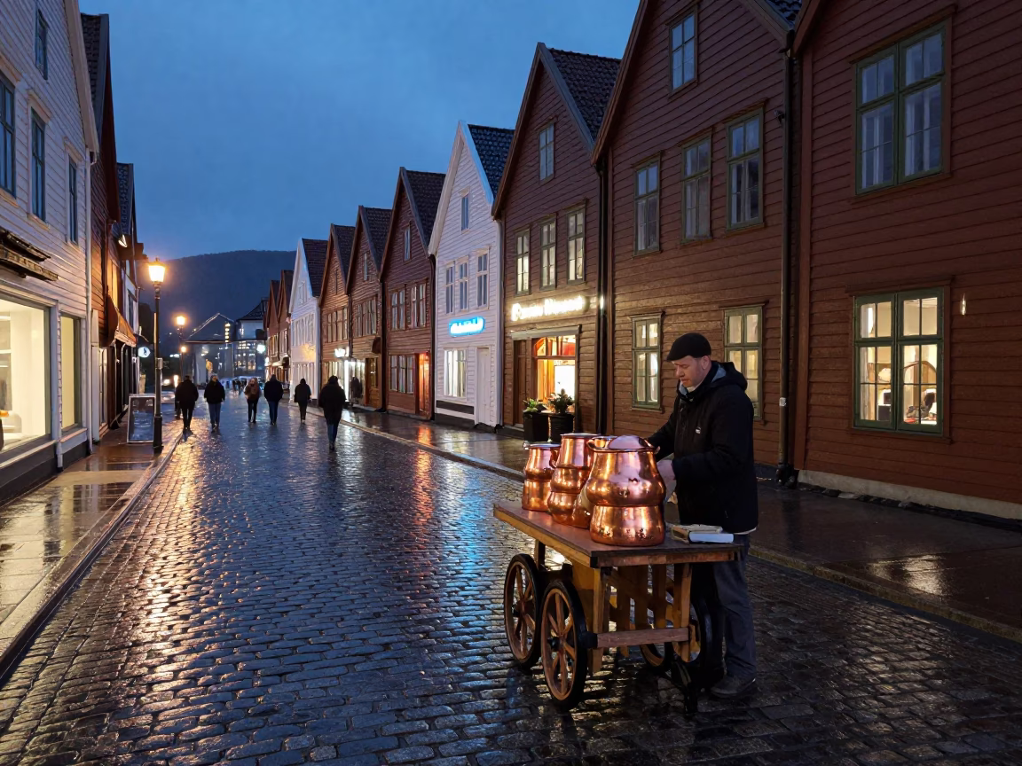 Bergen Norway After Dark Cobblestone Street With Copper Pots in in Bergen, Norway