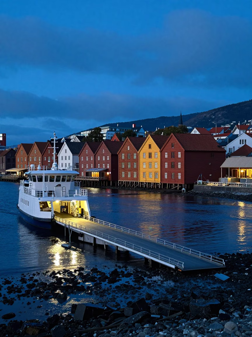 Bergen Norway Blue Hour Ferry Terminal Low Tide Scenic View in in Bergen, Norway