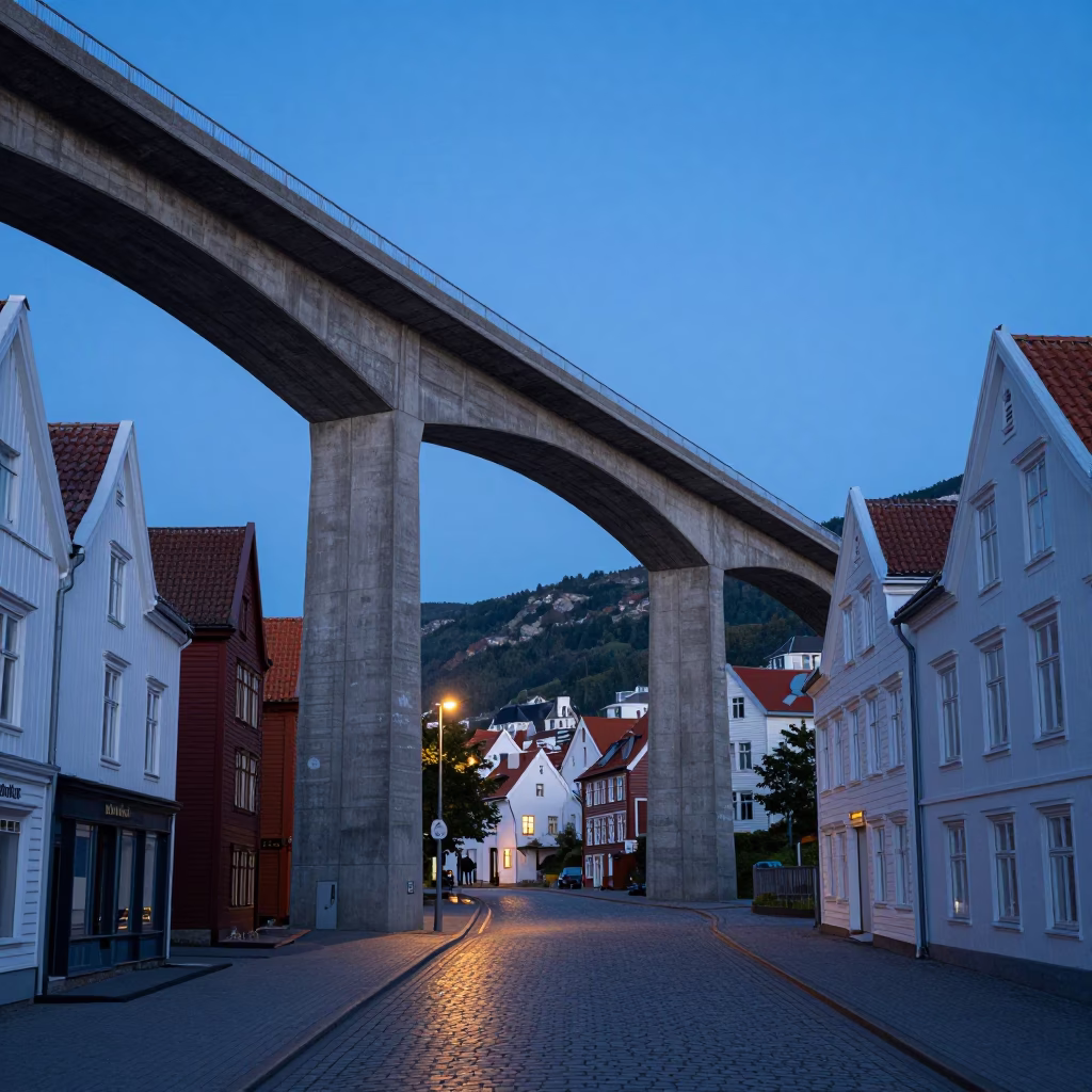 Bergen Norway Blue Hour Street Scene with Concrete Viaduct and Local Evening Ambiance in in Bergen, Norway
