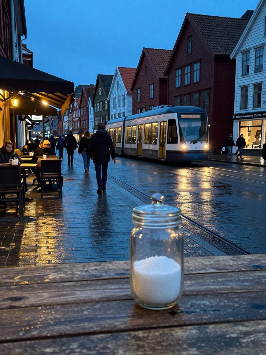 Bergen Norway Blue Hour Street Scene with Glass Sugar Jar on Wooden Counter in in Bergen, Norway