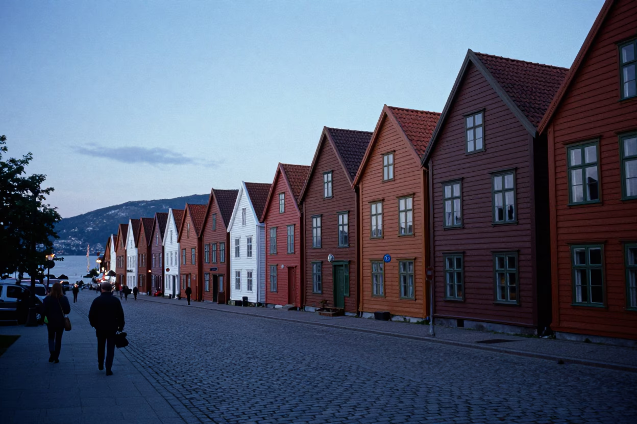 Bergen Norway Blue Hour Street Scene with Traditional Wooden Houses and Cobblestone in in Bergen, Norway