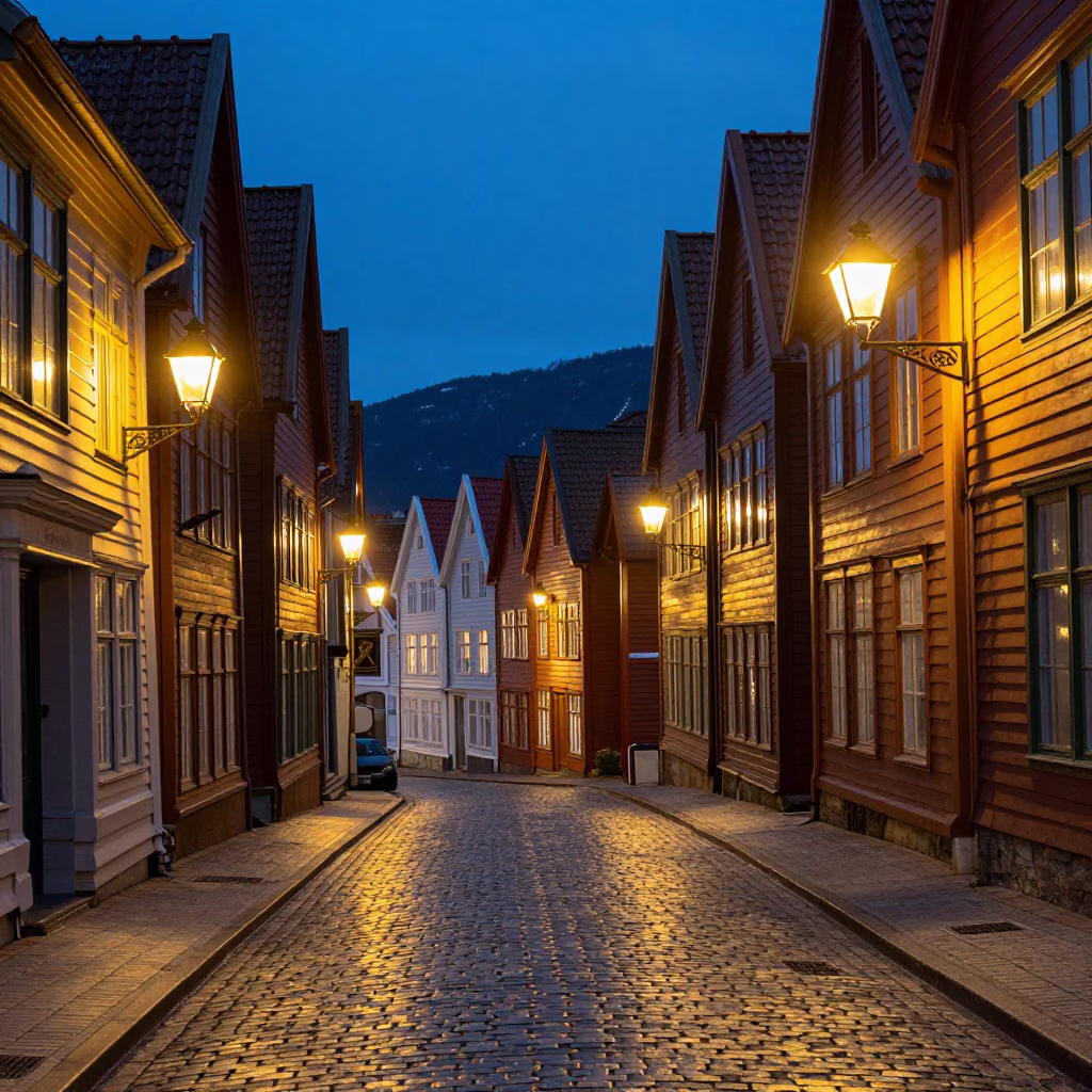 Bergen Norway Blue Hour Street Scene with Vintage 1960s Aesthetic and Local Life in in Bergen, Norway