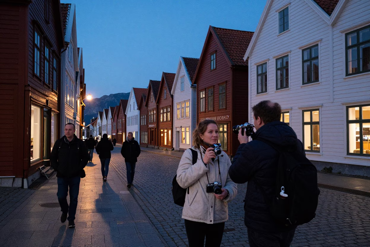 Bergen Norway Blue Hour Street Scene with Vintage Camera and Local Interaction in in Bergen, Norway