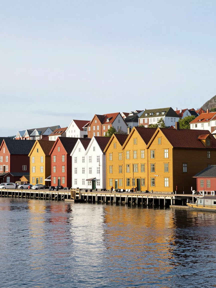 Bergen Norway Bright Midmorning Light Traditional Bryghan Wharf Scene with Red Wooden Buildings in in Bergen, Norway