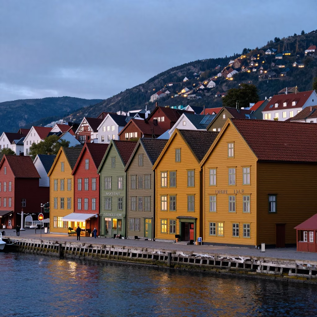 Bergen Norway Bryghan Wharf Historic Colorful Wooden Houses Evening City Lights Reflection in in Bergen, Norway