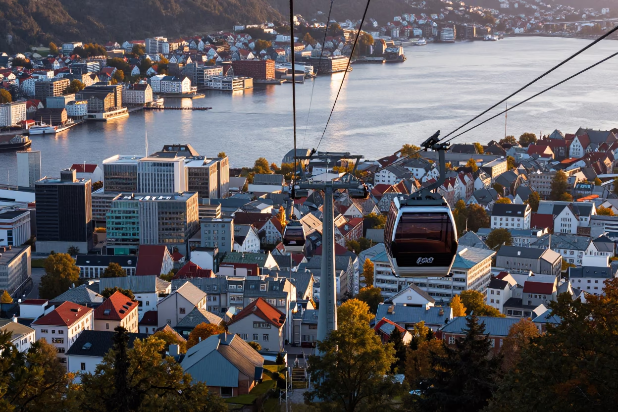 Bergen Norway Cable Car Sunrise View Over City Rooftops and Substation Fence in in Bergen, Norway