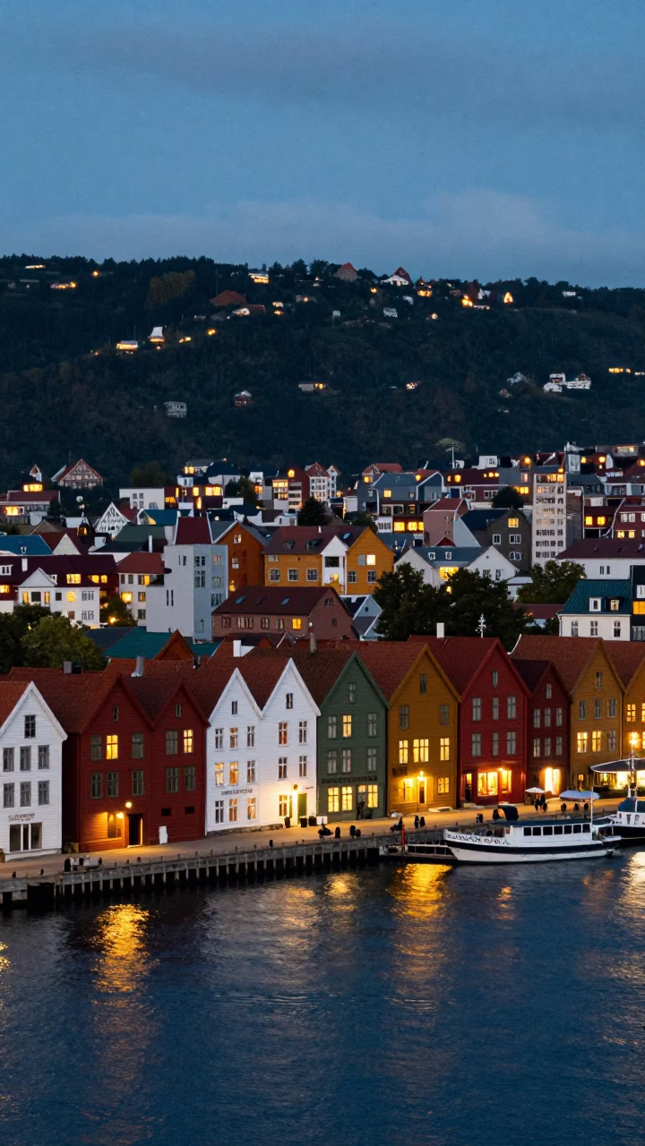 Bergen Norway City Lights Glow Over Colorful Bryghen Wharf Houses at Twilight in in Bergen, Norway