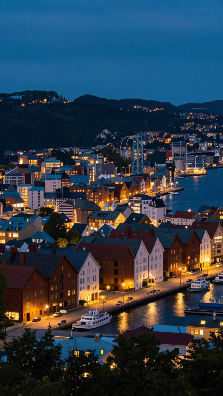 Bergen Norway City Lights Glow Over Historic Bryghan Wharf and Railway Viaduct in in Bergen, Norway