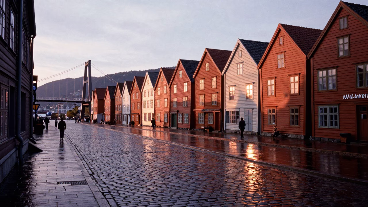 Bergen Norway cobblestone street before dusk with suspension bridge and local life in in Bergen, Norway