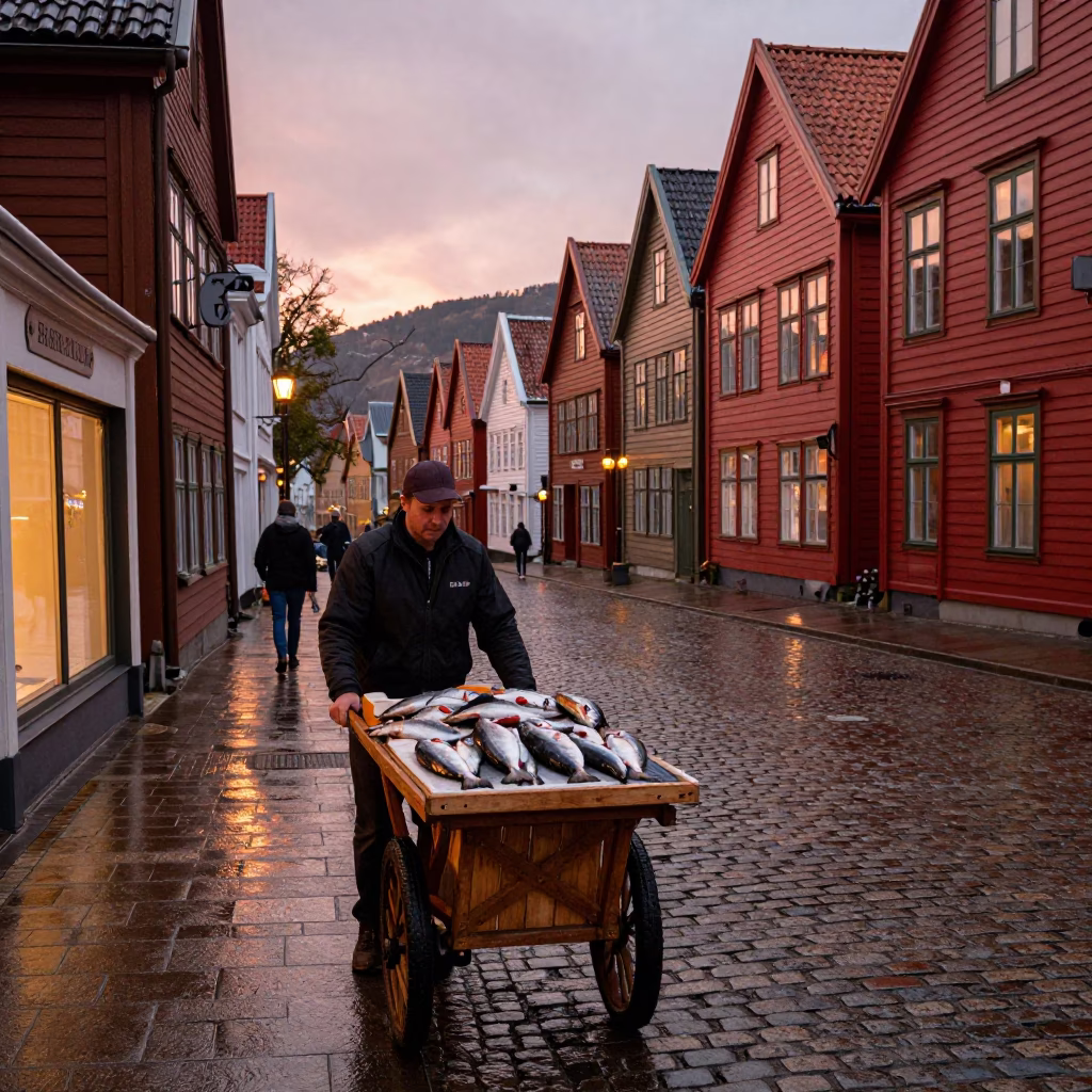 Bergen Norway Cobblestone Street Scene Copper Dusk Light with Red Wharf Background in in Bergen, Norway