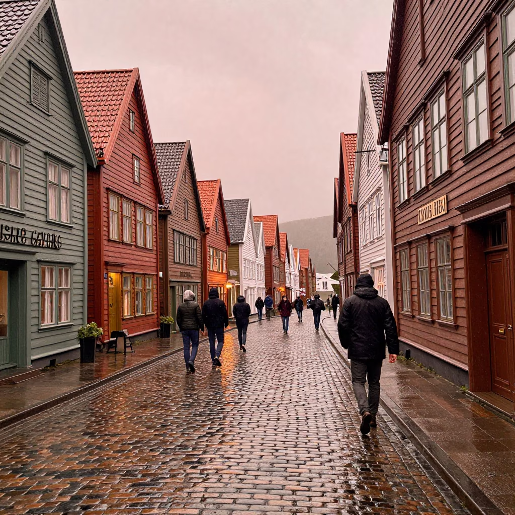 Bergen Norway Cobblestone Street Scene with Wooden Houses and Rain Reflections in in Bergen, Norway