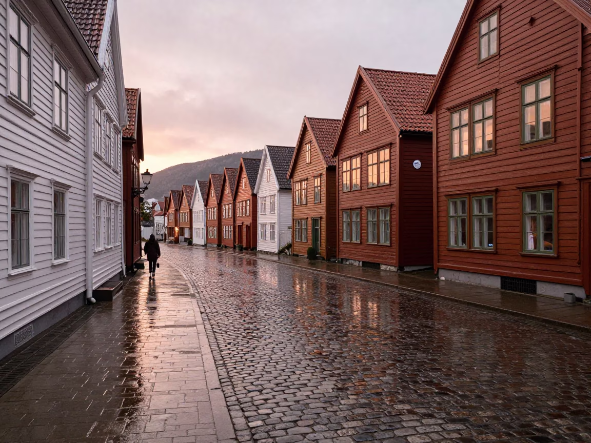 Bergen Norway Cobblestone Street with Wooden Houses and Wet Pavement Before Dusk in in Bergen, Norway