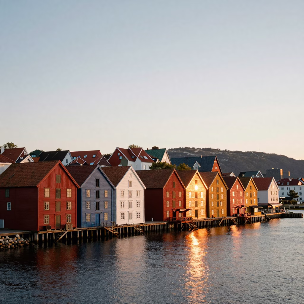 Bergen Norway Colorful Wooden Wharf Houses at Sunset Tidal Channel in in Bergen, Norway