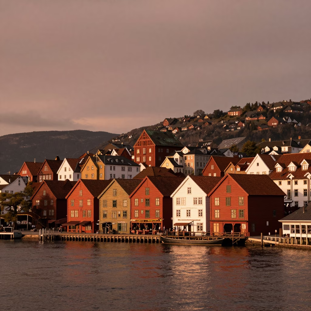 Bergen Norway Copper Dusk Landscape View of Bryggen Wharf and Harbor in in Bergen, Norway