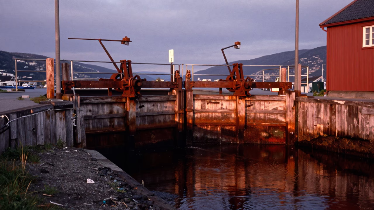 Bergen Norway Copper Dusk Light Sluice Gate Dripping Canal Edge in in Bergen, Norway