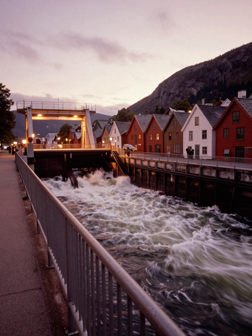 Bergen Norway Copper Dusk Sluice Gate Walkway Tea Colored River Foam in in Bergen, Norway