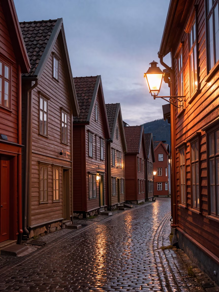 Bergen Norway Copper Dusk Street Scene with Lantern and Steel Lid in in Bergen, Norway