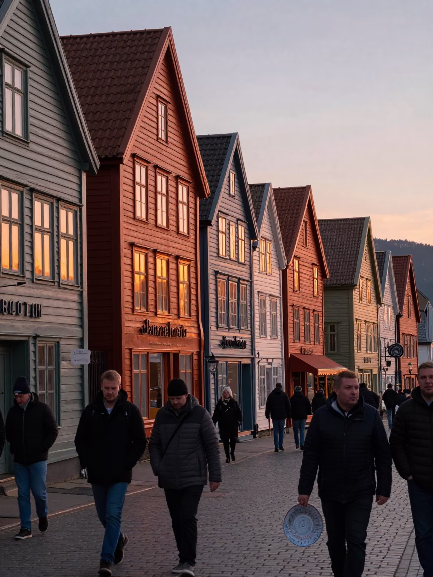 Bergen Norway Copper Light Before Dusk Colorful Street Scene in in Bergen, Norway