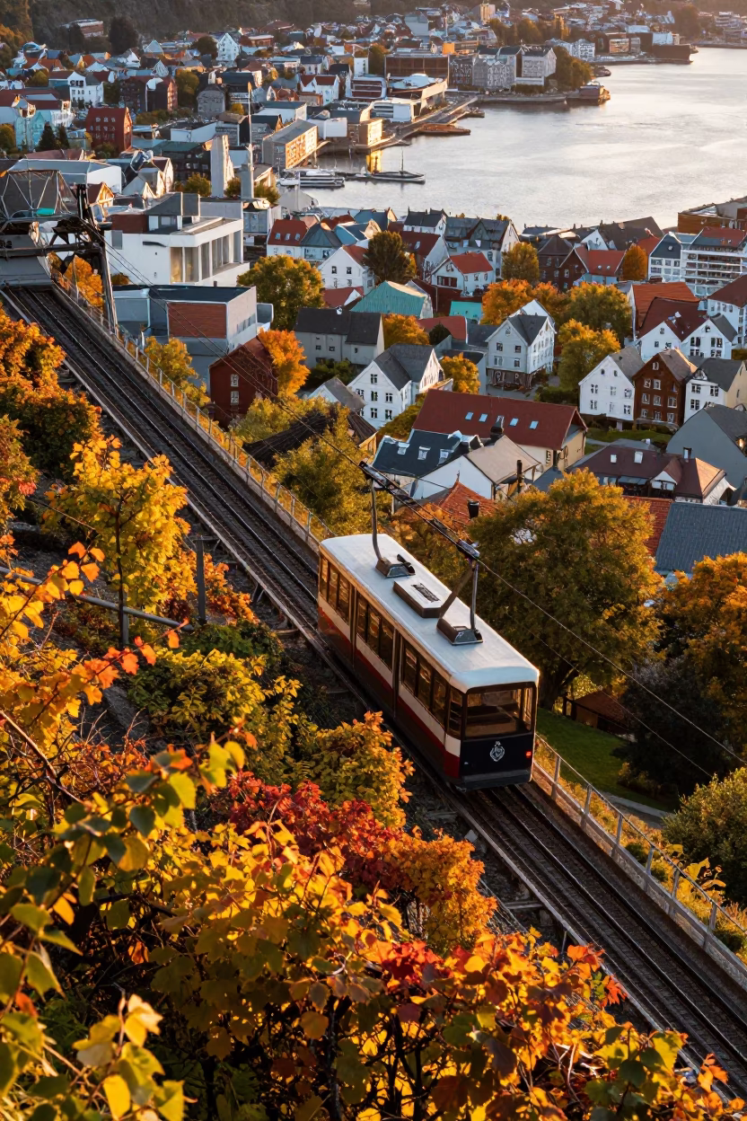 Bergen Norway Dawn Light on Funicular Hillside with Autumn Vines and Street Scene in in Bergen, Norway