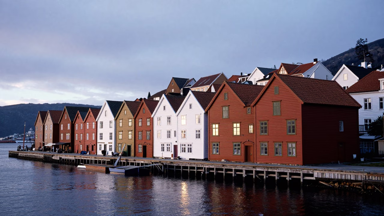 Bergen Norway Dawn Light on Historic Bryghan Wharf with Traditional Wooden Architecture in in Bergen, Norway