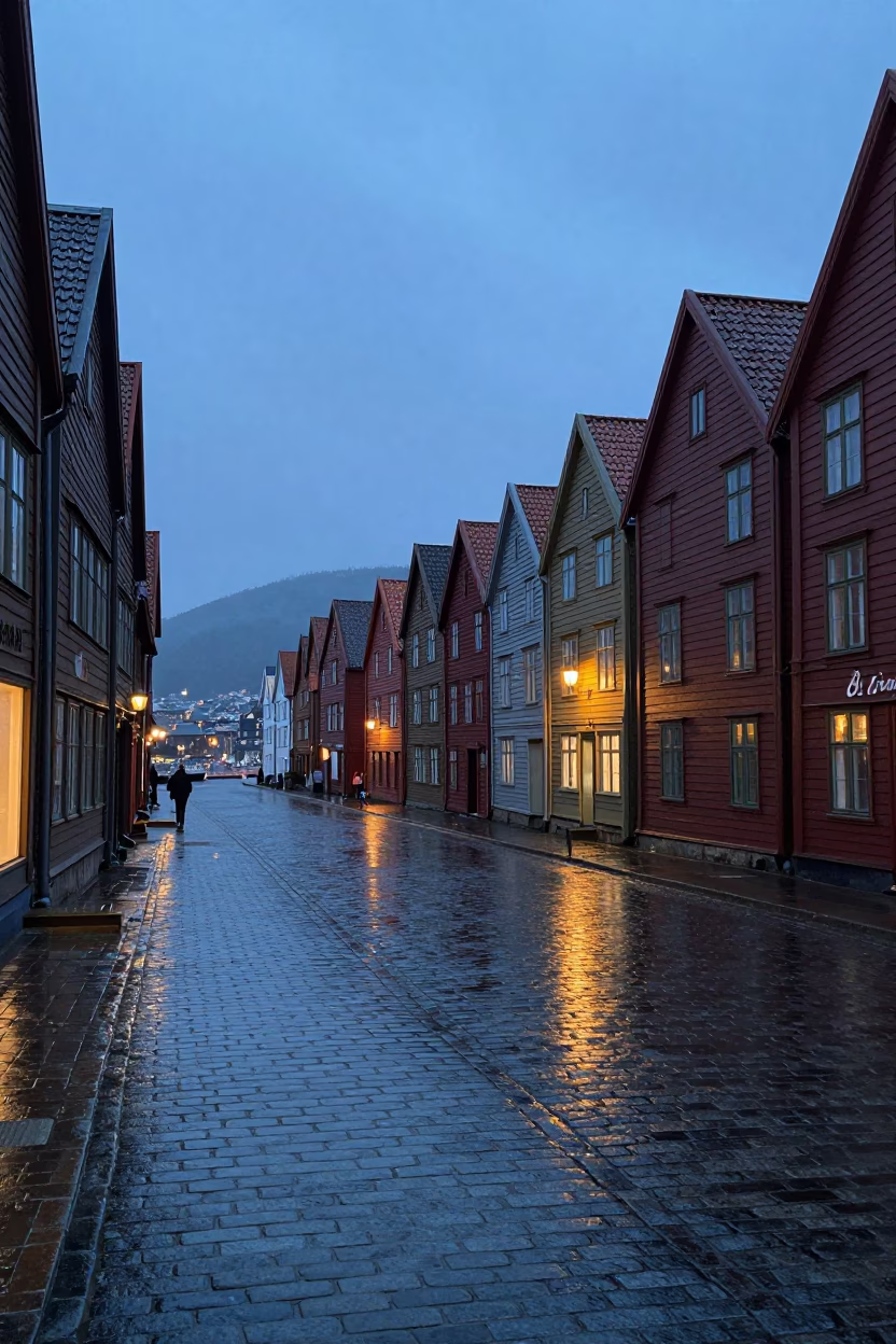 Bergen Norway Dawn Street Scene with Cobblestones and Traditional Wooden Houses at First Light in in Bergen, Norway