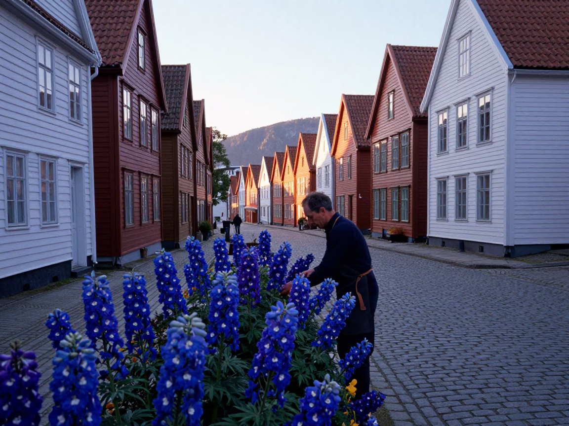 Bergen Norway Dawn Street Scene with Delphinium Flowers and Cobblestone Architecture in in Bergen, Norway