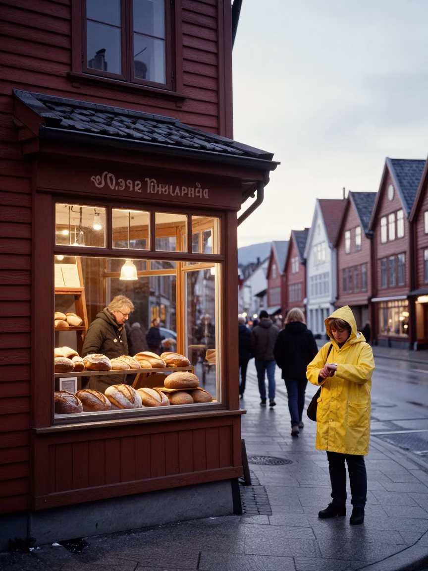 Bergen Norway Dawn Street Scene With Local Bakery And Morning Commuters in in Bergen, Norway