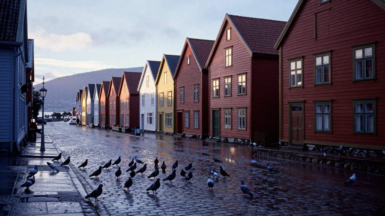 Bergen Norway Dawn Street Scene with Pigeons and Wet Cobblestones in in Bergen, Norway