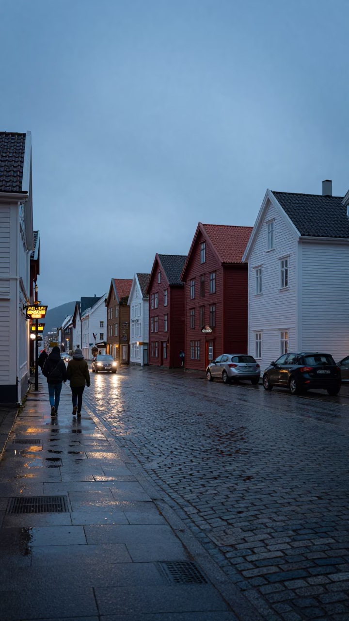 Bergen Norway Dawn Street Scene with Vintage 1960s Wrench and Local Details in in Bergen, Norway