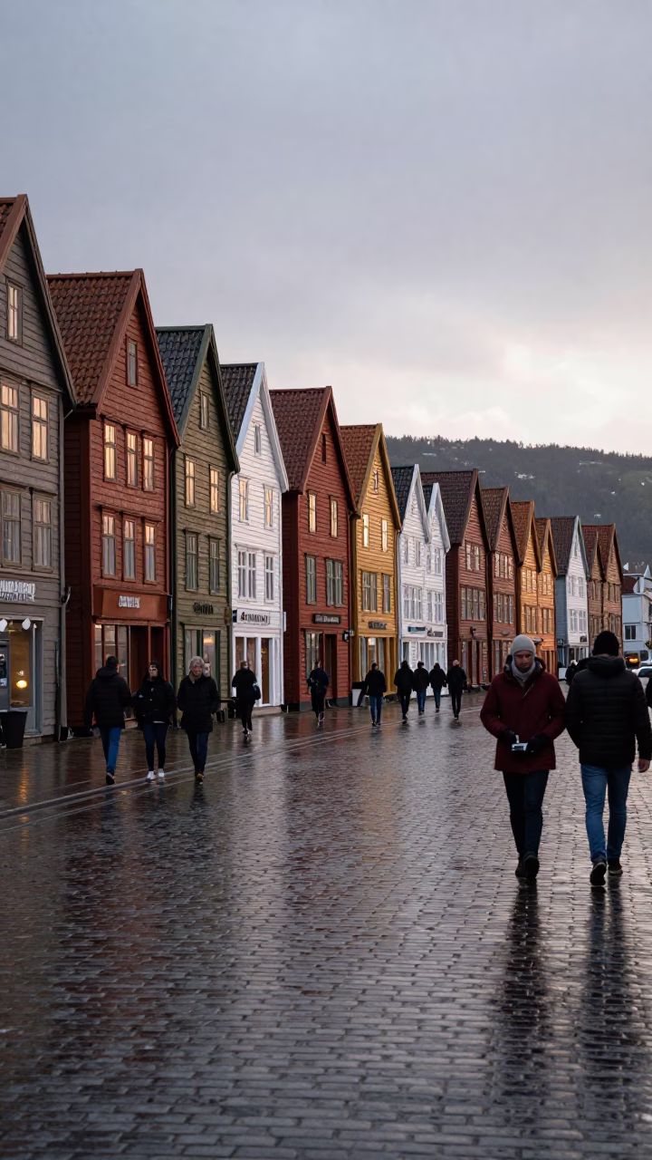 Bergen Norway Dawn Street Scene with Wet Cobblestones and Local Commuters in in Bergen, Norway