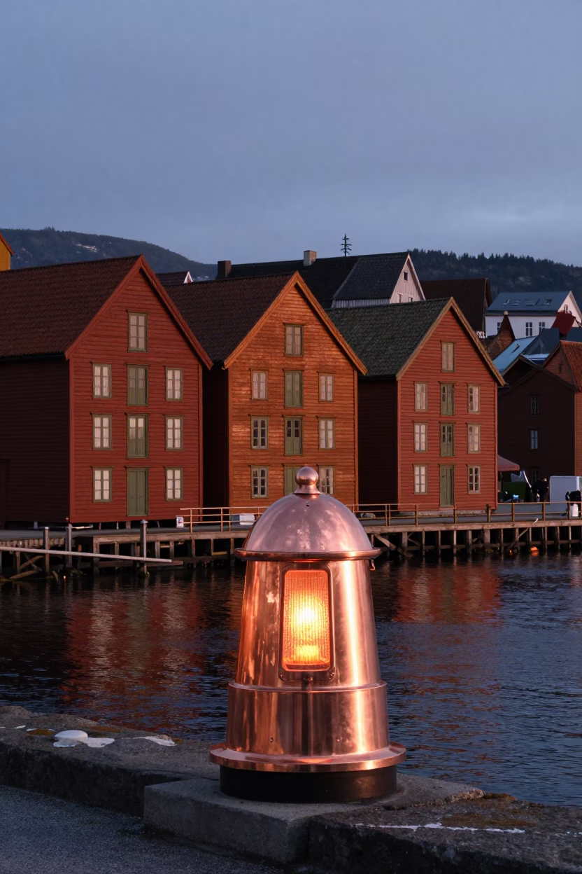 Bergen Norway Dusk Coastal Breakwater Warning Beacons Copper Light in in Bergen, Norway