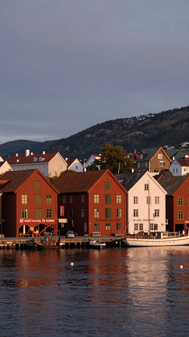Bergen Norway Dusk Harbor View with Traditional Rorbuer and Fishing Boats in in Bergen, Norway