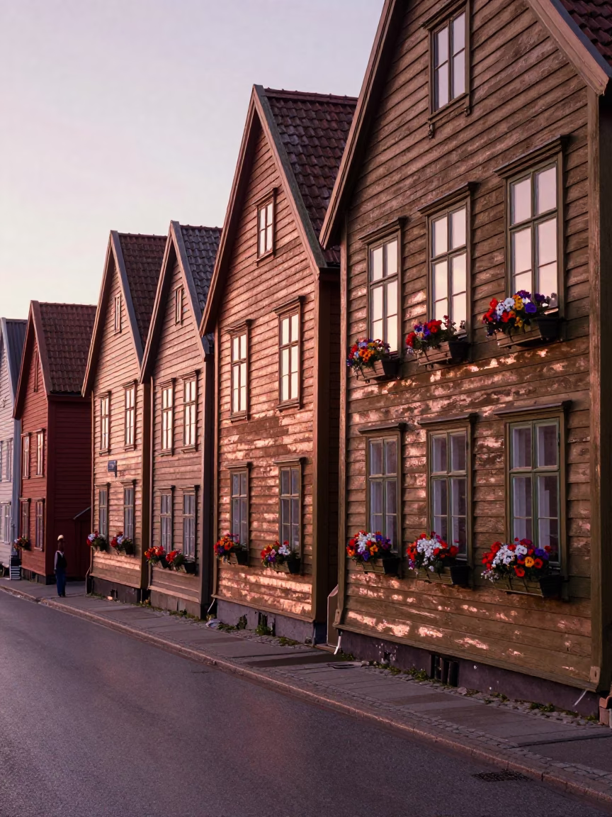Bergen Norway Dusk Street Scene with Traditional Wooden Houses and Window Boxes in in Bergen, Norway