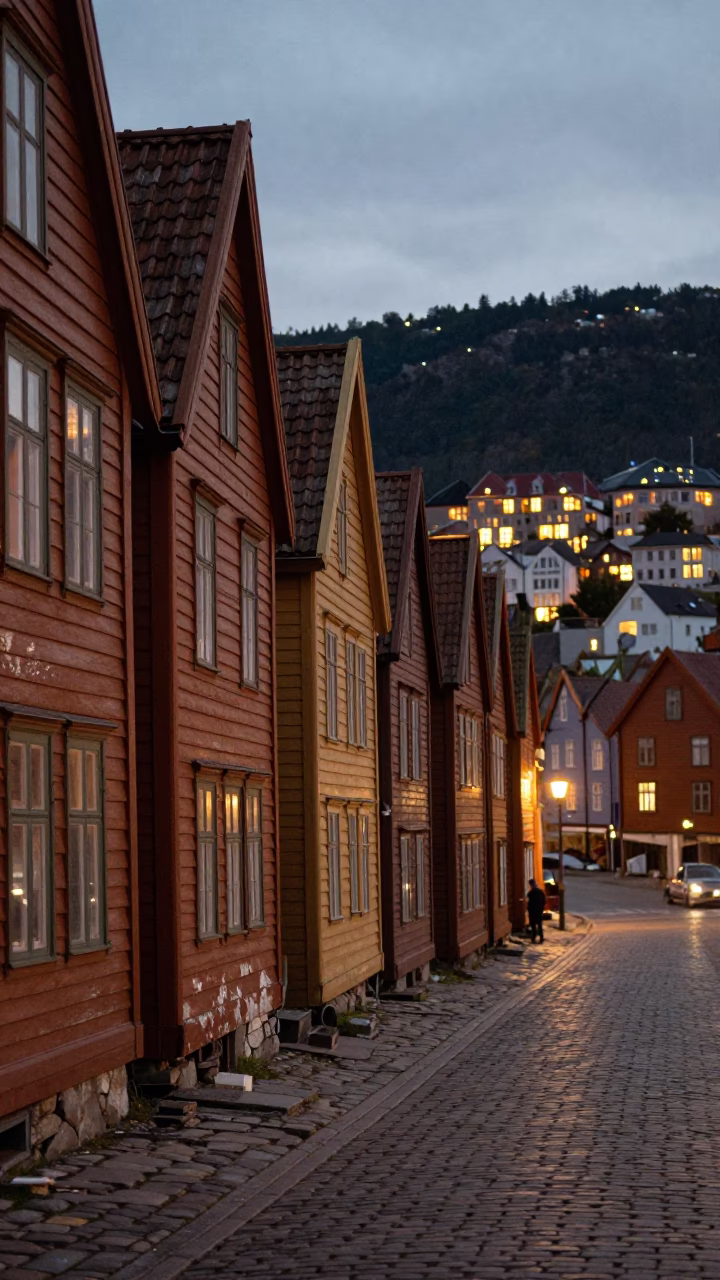 Bergen Norway Dusk Street Scene with Wooden Facades and City Lights in in Bergen, Norway