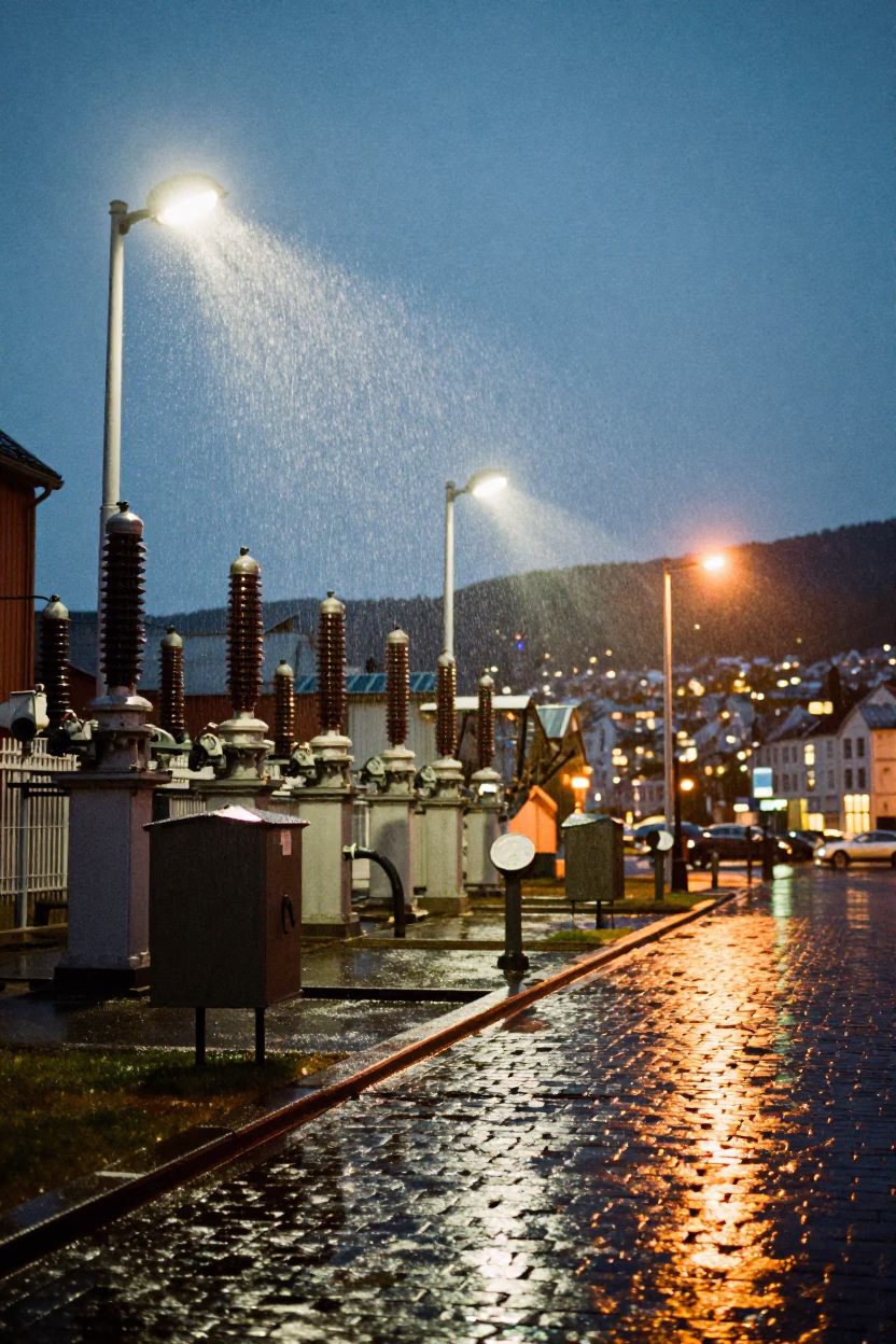 Bergen Norway Dusk Substation Insulators Sparkling Under Floodlights in in Bergen, Norway