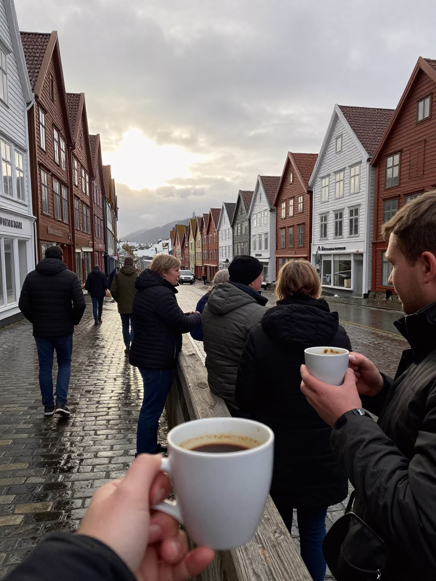 Bergen Norway Early Afternoon Street Scene with Coffee Mugs and Iron Hook on Cobblestone in in Bergen, Norway